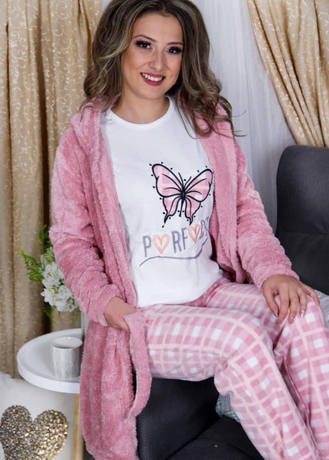Дамски зимен комплек пухен халат с памучна пижама с поларено долнище 9190