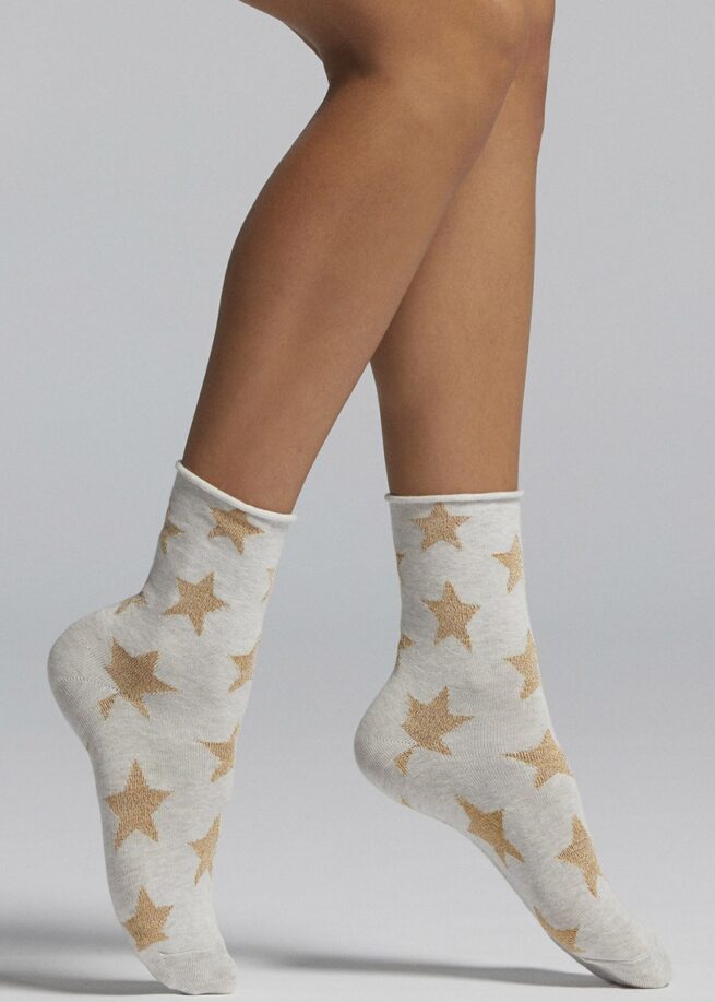 Дамски къси чорапи с блестящи звезди Pompea Jelena в бежово