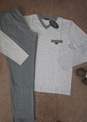 Mъжка тънка памучна пижама с дълъг ръкав Иватекс 8043 в сив меланж