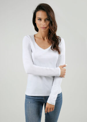 Дамска тениска с дълъг ръкав и V-деколте Jasmil 12560 в бяло