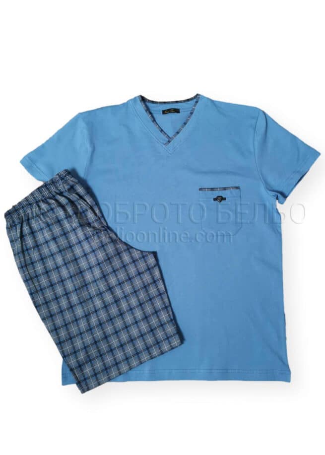 Мъжка пижама с къс ръкав Иватекс 8082 синя с карирана долница