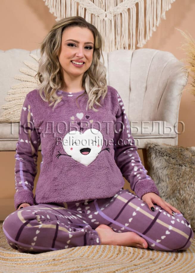 Зимна пухена дамска пижама 13358 Сърце в лилаво