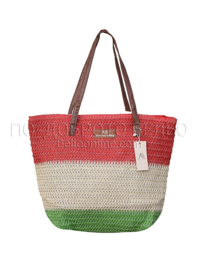 Модерна плажна чанта на цветни райета с кожени дръжки 13947