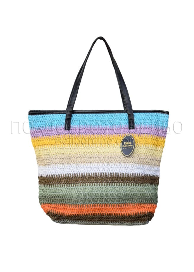 Плетена плажна чанта на цветни райета с кожени дръжки 13951