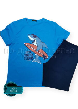Забавна мъжка пижама с къс ръкав Иватекс 8093 светло синя с акула