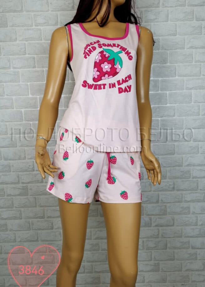 Дамска лятна пижама Иватекс 3846 розова с ягоди