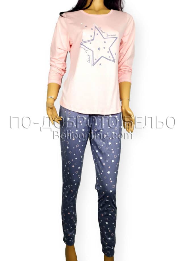 Българска дамска пижама с дълъг ръкав Иватекс 3853 розова