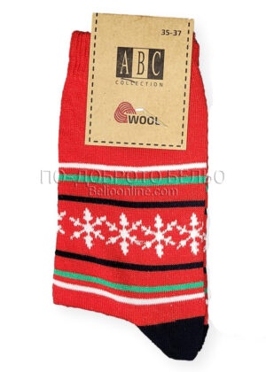 Коледни дамски вълнени чорапи ABC червен със снежинки