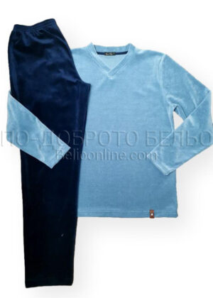 Плюшена мъжка пижама Иватекс 8101 син / тъмно син