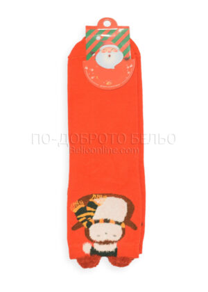 Червени коледни чорапи с ушички Снежен човек 15257