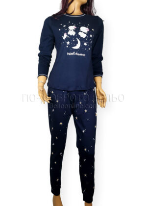 Памучна дамска пижама Иватекс 3902 с овце интерлог тъмно синя