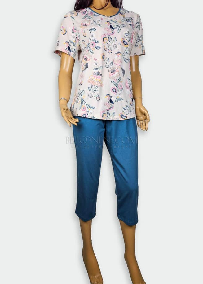 Памучна дамска пижама Иватекс бежова на цветя 3920