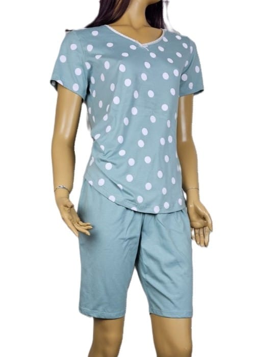 Българска памучна дамска пижама с къс ръкав и 3/4 панталон Иватекс 3943 мента