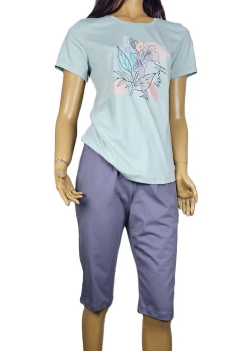 Българска памучна дамска пижама с къс ръкав и 3/4 панталон Иватекс 3946 мента