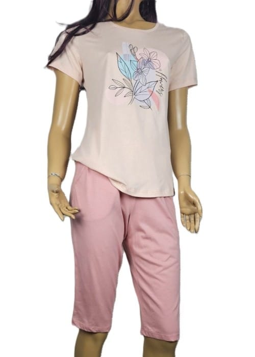 Българска памучна дамска пижама с къс ръкав и 3/4 панталон Иватекс 3946 праскова