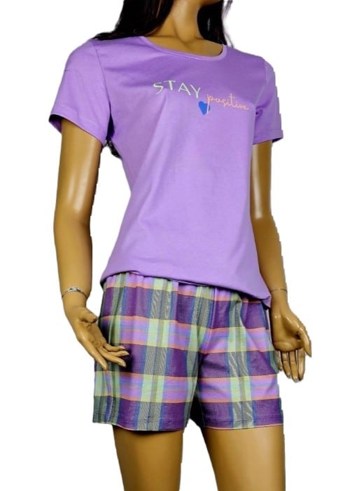Лилава дамска пижама с къс ръкав и къс кариран панталон Иватекс 3953