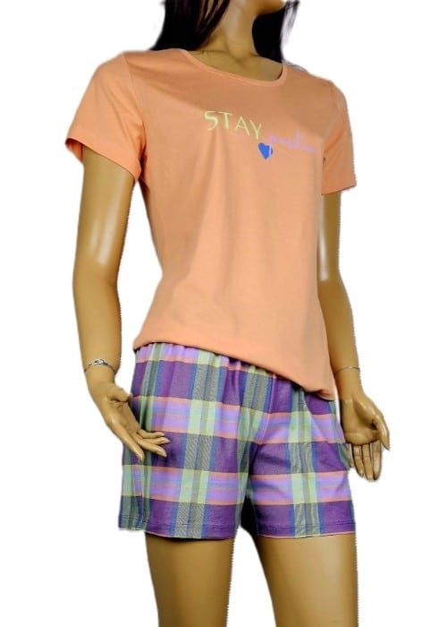 Оранжева дамска пижама с къс ръкав и къс кариран панталон Иватекс 3953