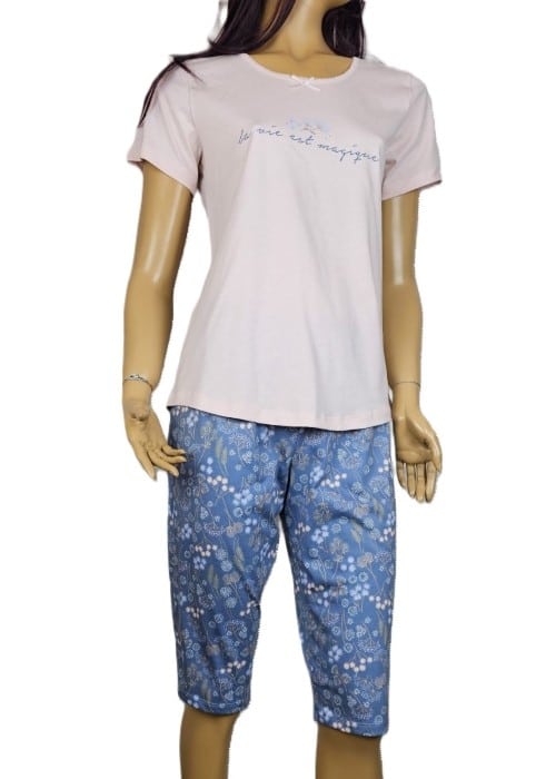 Памучна дамска пижама с къс ръкав и 3/4 панталон Иватекс 3957 розов