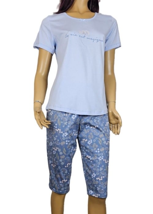 Памучна дамска пижама с къс ръкав и 3/4 панталон Иватекс 3957 светло син