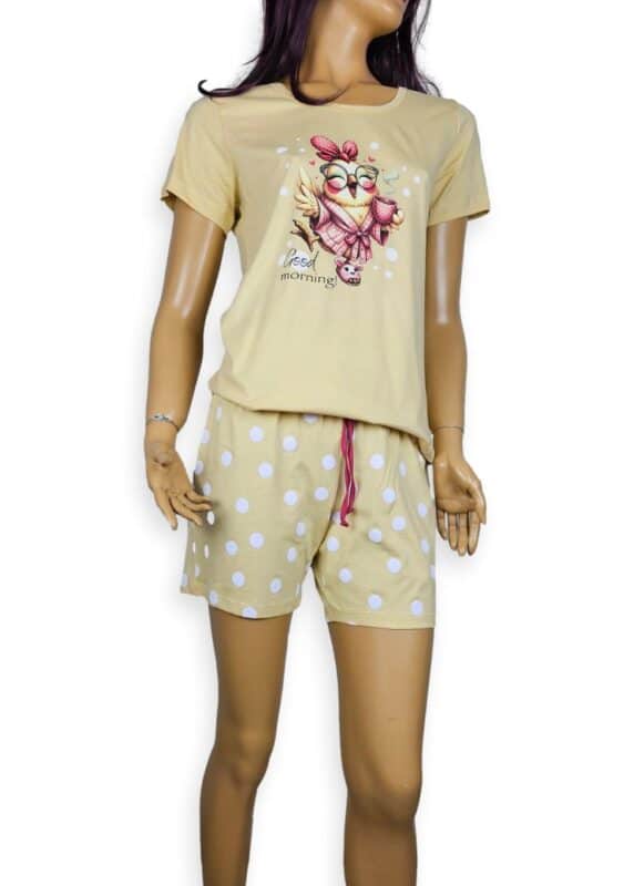 Памучна дамска пижама с къс ръкав и къс панталон Иватекс 3955 жълт