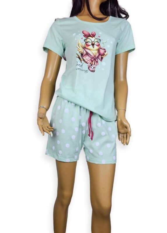 Памучна дамска пижама с къс ръкав и къс панталон Иватекс 3955 мента